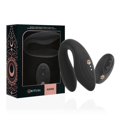Black, remote-controlled couple's stimulator with packaging, product name "Kama" visible.