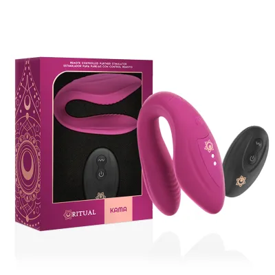 Lila Partnervibrator mit Fernbedienung und Verpackung, Produktname "Kama" von Ritual.