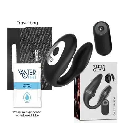 Black vibrator with remote control, lubricant, packaging and travel bag.