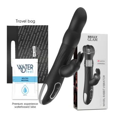 Schwarzer Rabbit-Vibrator mit Verpackung, Gleitgel und Reisetasche.