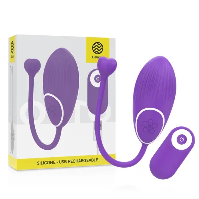Lila, wiederaufladbares Silikon-Vibrator-Set mit Fernbedienung und Verpackung im Hintergrund.