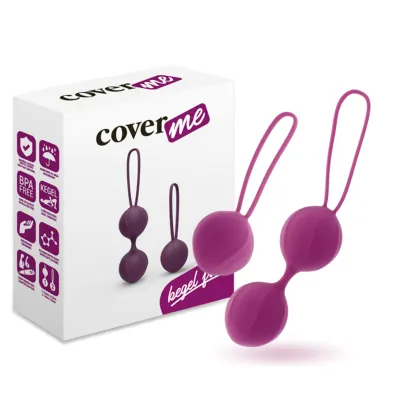 Purple bowling balls with loop next to packaging with "cover me" inscription and symbols for BPA-free and Kegel training.