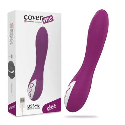 Lila Vibrator mit Verpackung, USB-aufladbar, geschwungene Form, weiße Bedienelemente.