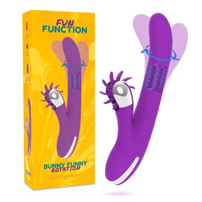 Purple vibrator with rotating head and packaging with a yellow background, inscription "Bunny Funny Rotation".