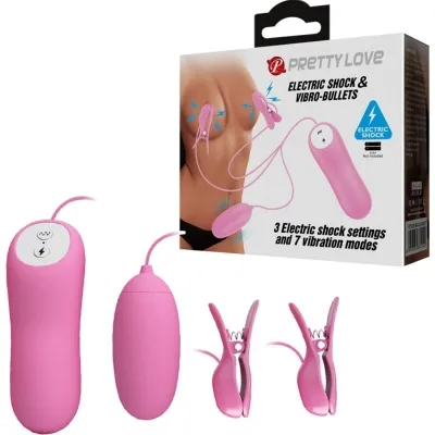 Pink vibration and electric shock toy set with remote control and clamps, packaging in the background.