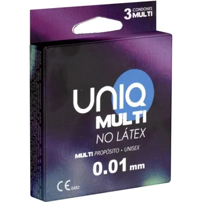 Verpackung von UNIQ Multi No Látex Kondomen, 3 Stück, 0,01 mm, lila Hintergrund.