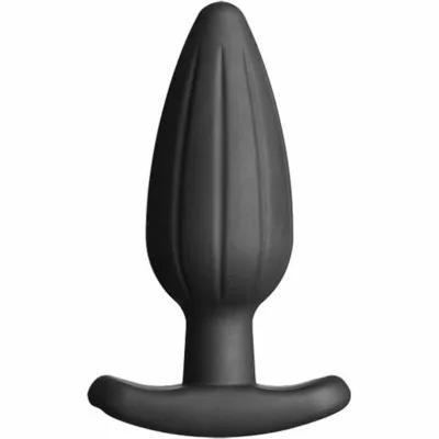 Black, ribbed silicone butt plug with a wide handle.