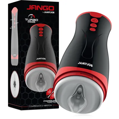 Black and red device with packaging, labeled "Jango" and "Jamyjob", showing functions for pressure and vibration.