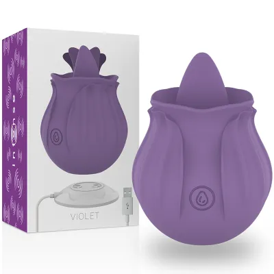 Purple silicone vibrator in flower shape with packaging and USB charging cable.