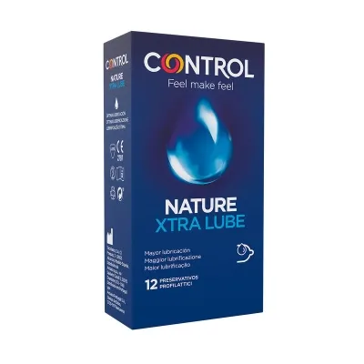 Packaging of Control Nature Xtra Lube condoms, 12 pieces, blue box with water droplet design.