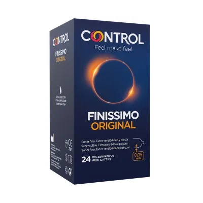 Packaging of Control Finissimo Original condoms, 24 pieces, dark blue with a bright circular design.