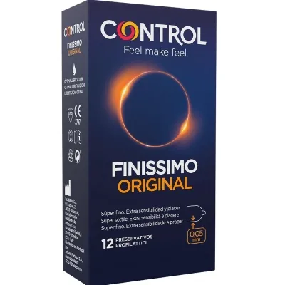 Packaging of Control Finissimo Original condoms, 12 pieces, dark blue with orange ring motif.