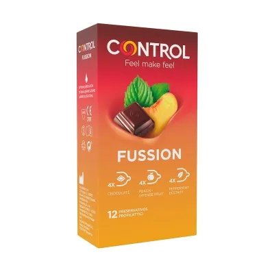 Verpackung von Control Fussion Kondomen mit Schokolade, Pfirsich und Minze Geschmacksrichtungen, 12 Stück.