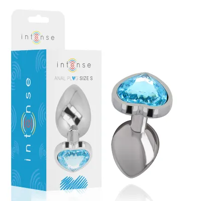 Silver anal plug with heart-shaped blue crystal, next to packaging with "intense" logo and "Anal Plug Size S" text.