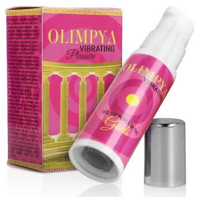 Pinkfarbene Verpackung und Flasche von "Olimpya Vibrating Pleasure" mit Säulenmotiv und silbernem Deckel.