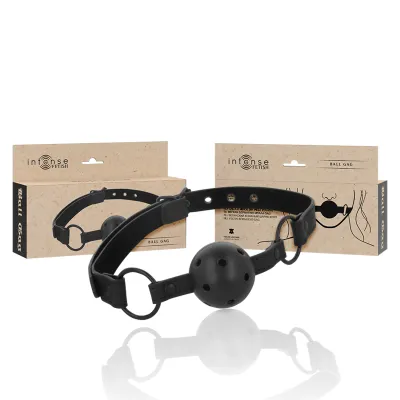 Black ball gag with packaging, brand "Intense Fetish", on a white background.