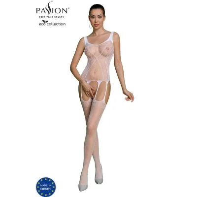 Woman in white mesh bodysuit with garter belt and stockings, standing upright, wearing high heels.