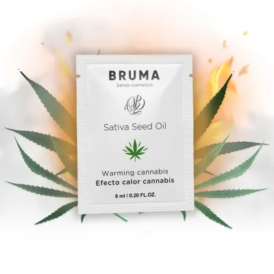 Bruma Sativa Seed Oil packet, surrounded by cannabis leaves and flames, 6 ml, warming effect.