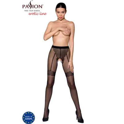 Woman in black tights, topless, with one arm over her chest, wearing black high heels.