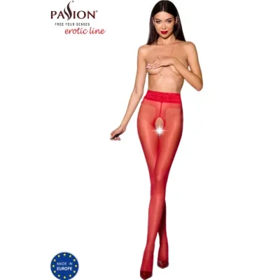 Woman in red tights with lace waistband, topless, against a white background.