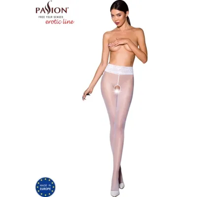 Woman in sheer tights with lace waistband, holds arms in front of chest, wears white shoes.