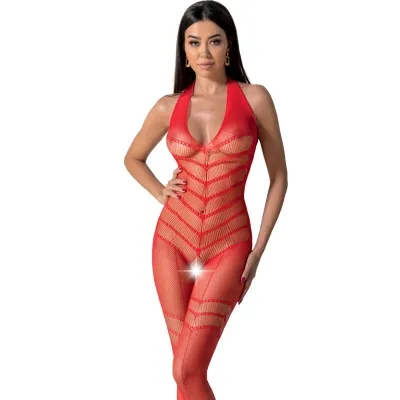 Woman in red mesh bodysuit with geometric pattern, smiling and standing in front of a white background.
