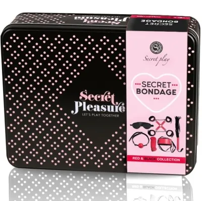 Schwarze Box mit rosa Punkten, Aufschrift "Secret Pleasure", enthält Bondage-Set, rote und schwarze Accessoires.