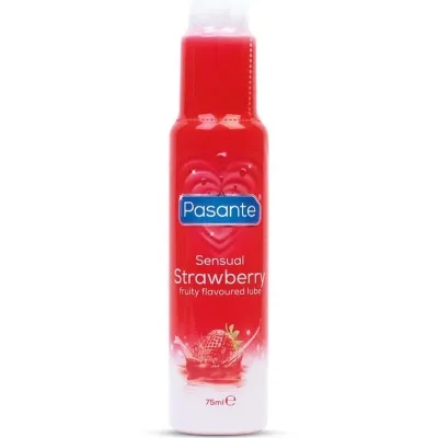 Rote Flasche mit Erdbeer-Gleitgel von Pasante, 75 ml, mit Herz- und Erdbeermotiv auf dem Etikett.