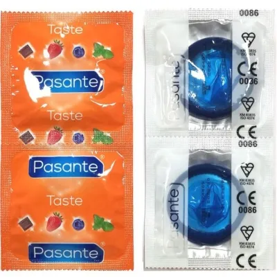 Two Pasante condom packages: left orange with fruit motifs, right transparent with blue condom visible.