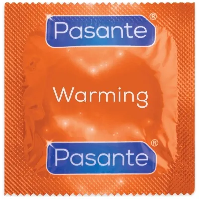 Orange condom packaging with the inscription "Pasante Warming".