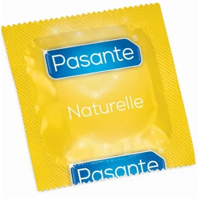 Yellow condom packet of the brand Pasante with the inscription "Naturelle".