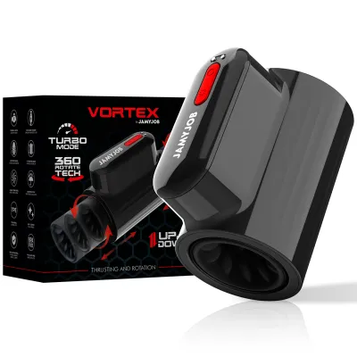 Black device with red button, packaging in the background, text: "Vortex", "Turbo Mode", "360 Rotate Tech".