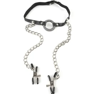 Black headband with metal ring and chains leading to two clips.