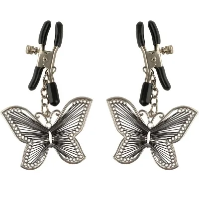 Two silver butterfly pendants with black clips.
