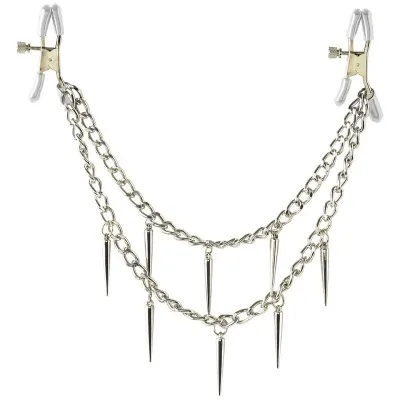 Silver chains with pointed pendants and clamps at the ends.