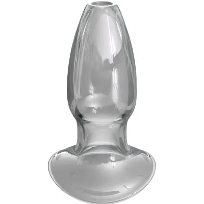 Klarer Glasstopfen mit breiter Basis und glatter Oberfläche, stehend aufrecht.