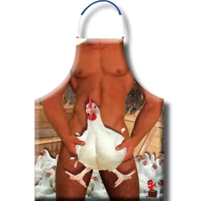 Apron with naked male body and chicken covering the genital area, against a background with chickens.