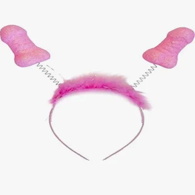 Pink headband with two pink, springy pendants in the shape of penises.