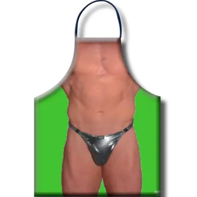 Apron with a print of a muscular torso in a skimpy swimsuit on a green background.