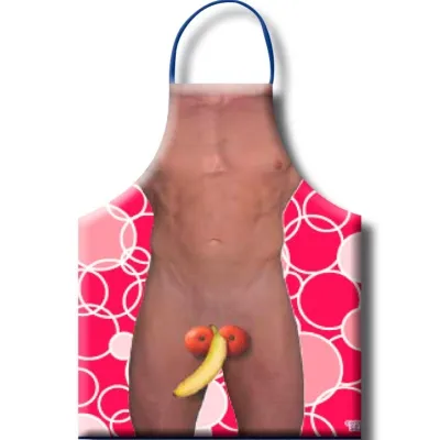 Apron with bare torso and fruit motif, red background with white circles.