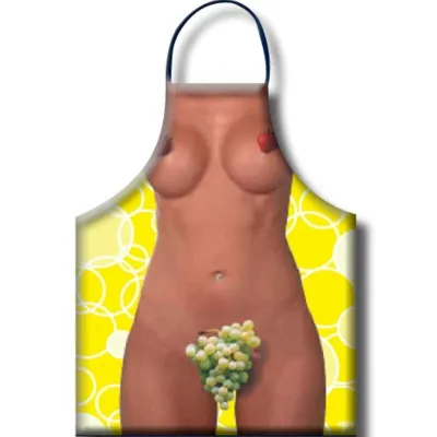 Apron with naked female body, strawberries on breast, grapes in crotch, yellow background with circles.