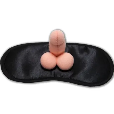 Black eye mask with a small, flesh-colored, plush pendant in the shape of a penis.