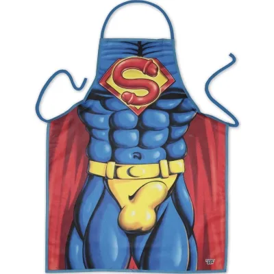 Blue apron with superhero design, muscular torso, red "S" symbol, yellow belt and red cape look.