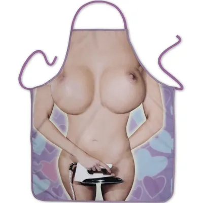 Apron with a humorous, revealing design of a naked woman holding an iron.