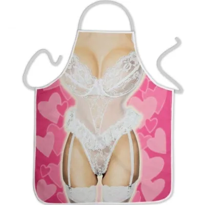 Apron with lingerie motif on a pink background with hearts.