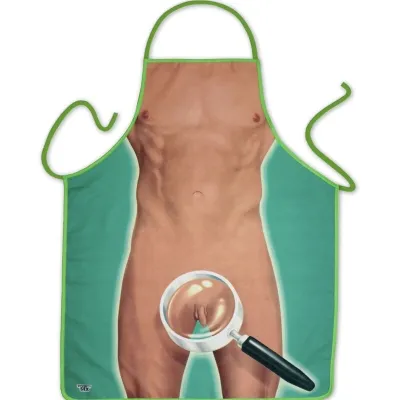 Schürze mit nacktem Männerkörper und Lupe über dem Schritt, grüner Rand und Bänder.