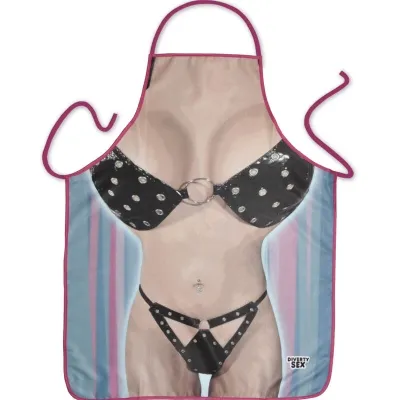 Apron with printed bikini design in black with studs and ring details.