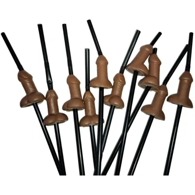 Black straws with brown, penis-shaped attachments.