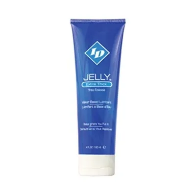 Blue tube containing water-based lubricant, 4 oz (113 g), "Jelly Extra Thick" is printed on the front.