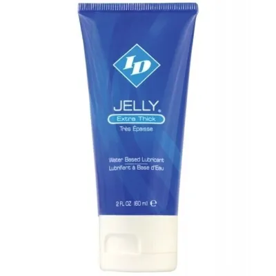 Blue and white tube labeled "ID Jelly Extra Thick, Water-based lubricant, 60 ml".
